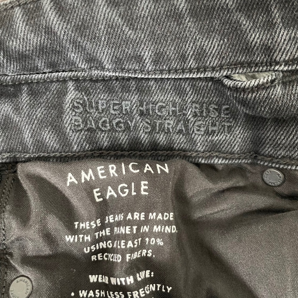 American Eagle Baggy Straight Jeans Womens 6 Long Black Cutout Double Waist Y2K - Picture 7 of 14